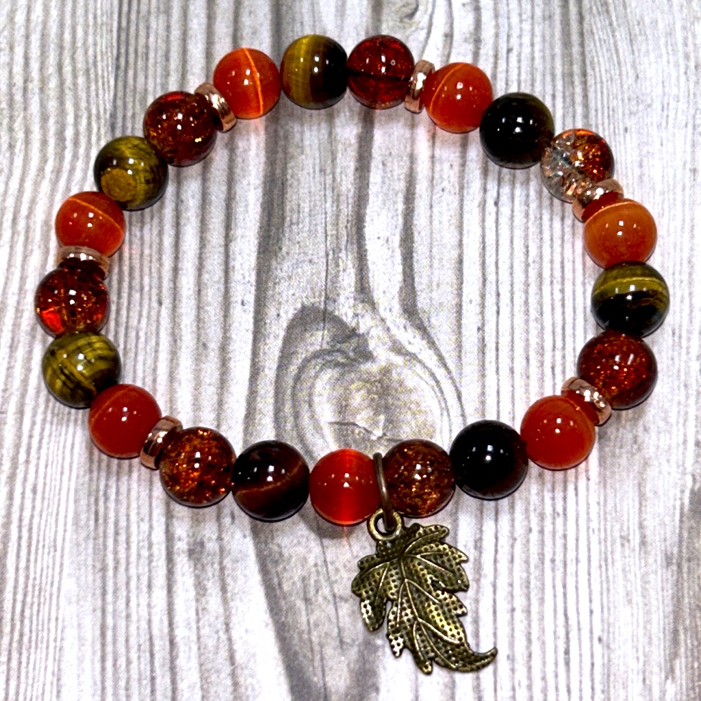 Handmade Fall Leaf Charm Bracelet With Natural Tiger Eye Stones!
